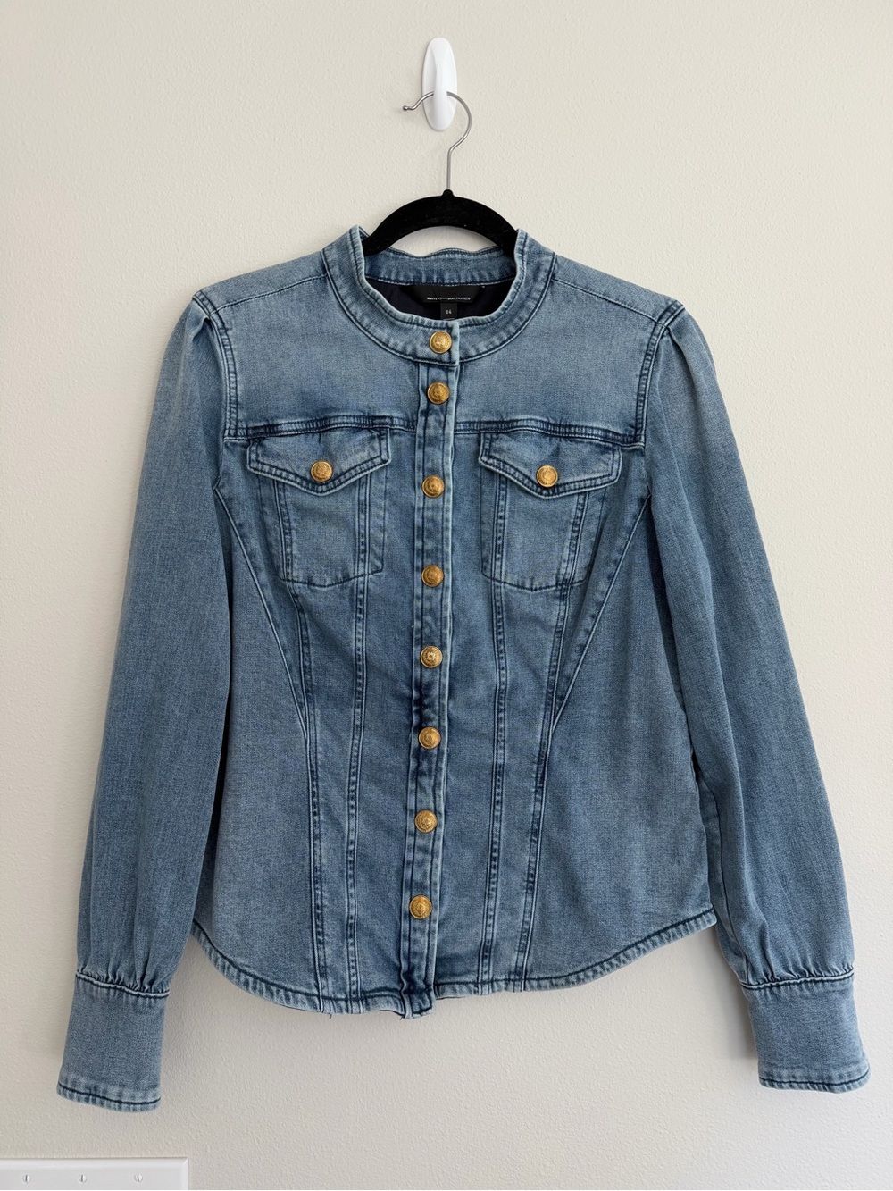 White House Black Market Light Blue Denim Jacket with Gold Buttons